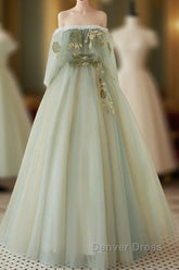 A-Line Green Tulle Lace Long Prom Dresses, Green Tulle Lace Long Formal Dresses